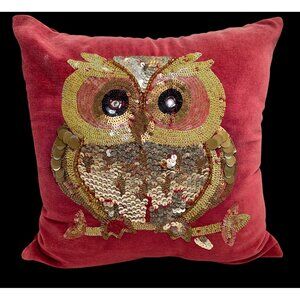Vintage Pier 1 Red Velvet Owl Throw Pillow W/ Gold & Multicolor Sequin Decoratio